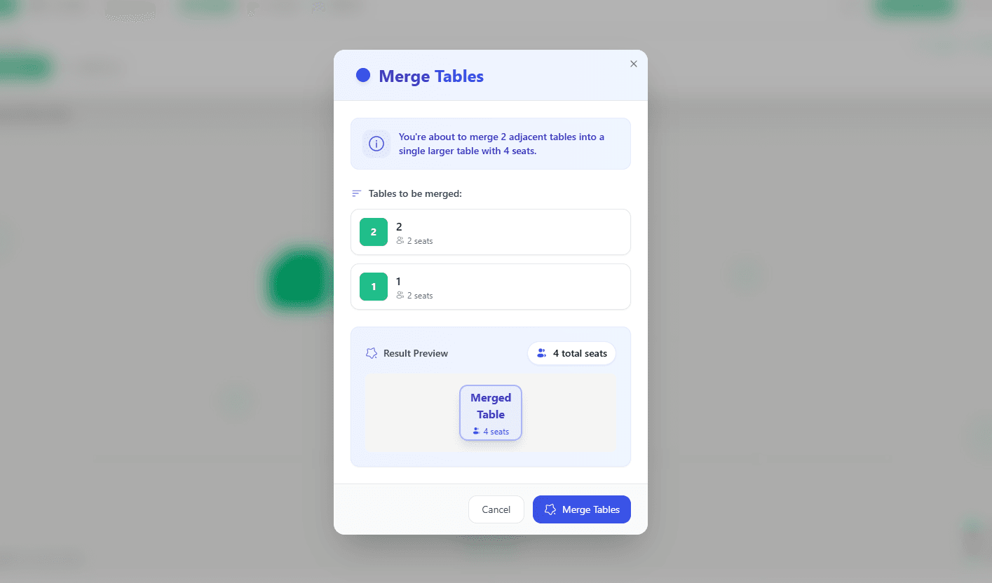 Modal interface for seamless table combination workflow